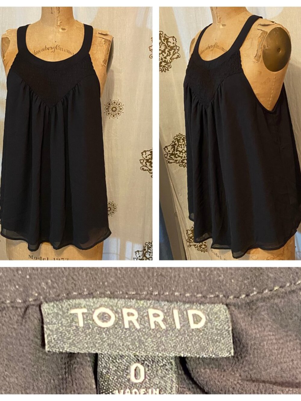 Torrid Top Size 0 Black Sheer Chiffon Witchy Dark Romantic Whimsigoth Babydoll